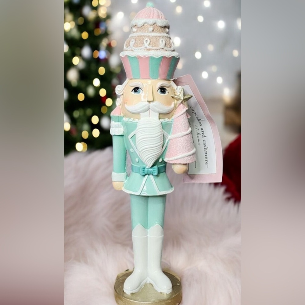 Cupcakes and Cashmere Christmas Cupcake Nutcracker Pink Blue Figurine 14" NEW
